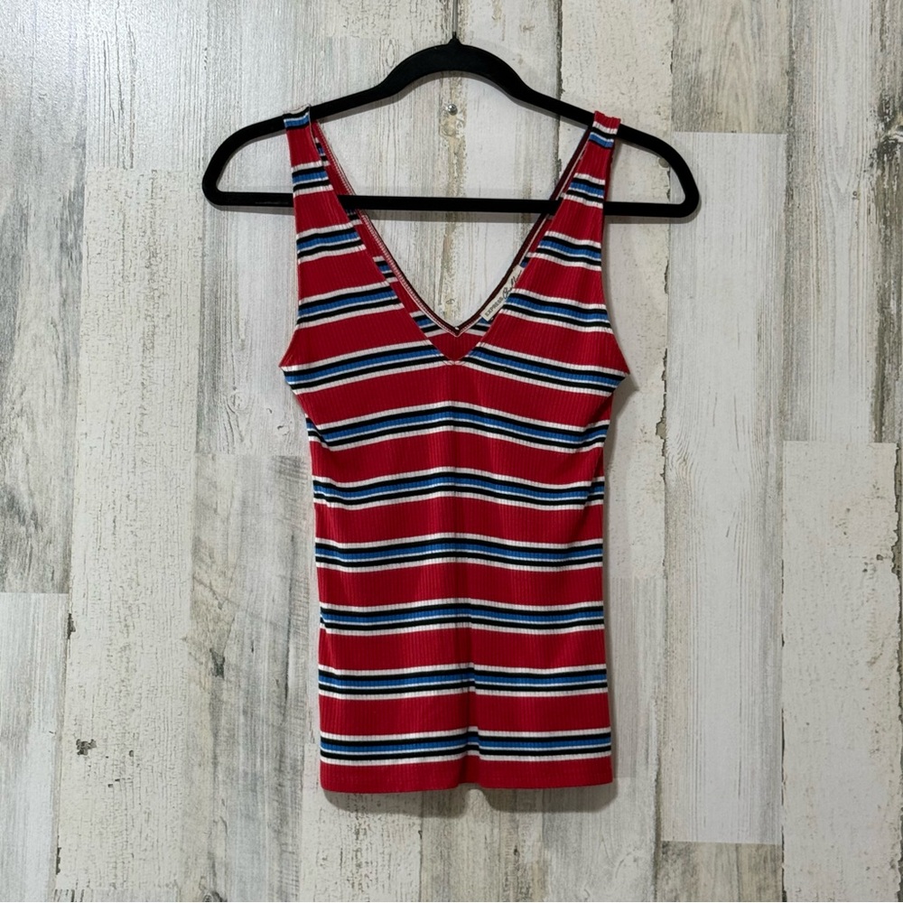 American Eagle Outfitters Red Striped V-Neck Tank Top